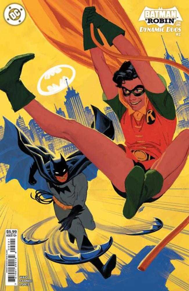 Comic book cover featuring Batman and Robin in dynamic action poses against a city skyline with yellow background, Batman in gray and black costume, Robin in red and green, both in mid-air. - SKU: 0726DC0184