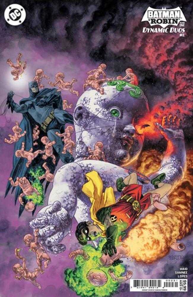 Comic book cover featuring Batman in a dark costume with a cape, surrounded by numerous baby-like characters, large shattered doll head with a face, and fiery explosions in a colorful, dynamic scene - SKU: 0726DC0185