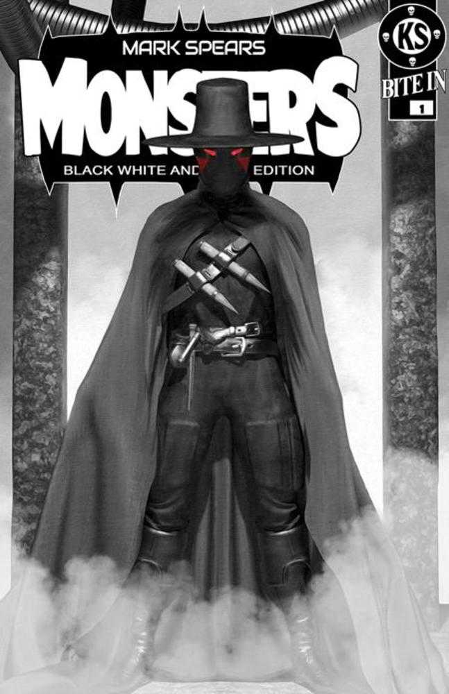 Black and white comic book cover featuring a mysterious figure in a wide-brimmed hat, mask, dark cape, and leather outfit with weapons, surrounded by fog, for Mark Spears Monsters Black White Dead Edition.