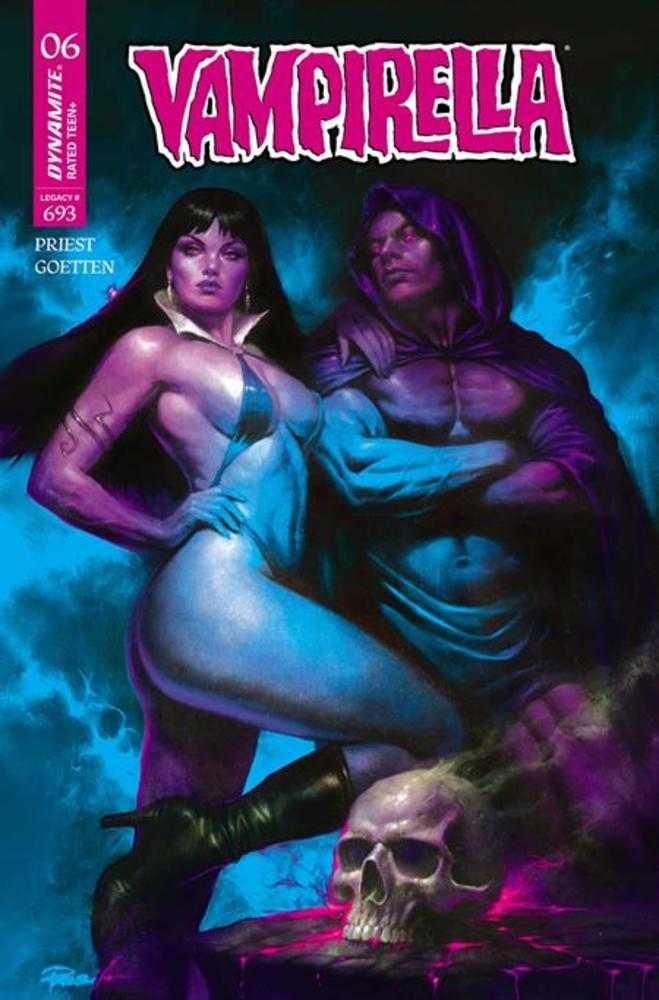 Vampirella 2026 #6 comic cover featuring a dark-haired vampire woman in a revealing outfit and a hooded figure with crossed arms, skull at her feet, vibrant purple and blue tones, comic book art style, published by Dynamite Entertainment - SKU: 0726DE8544